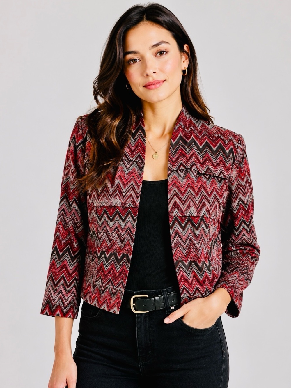 DN Design Size 8
PETITE Jacket Cropped
Chevron Zig Zag Red Black
Open Front